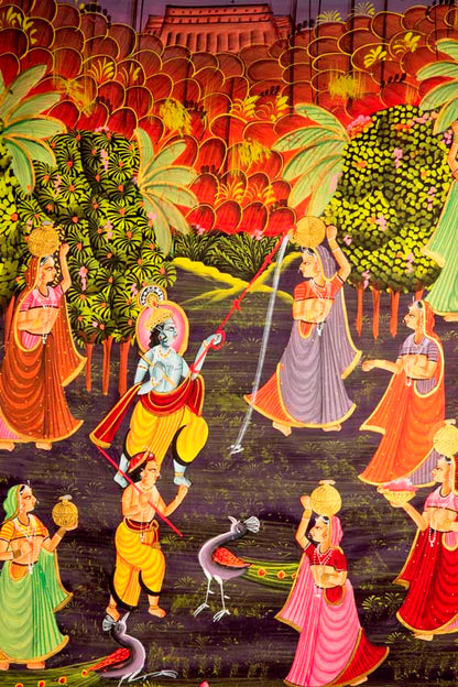 Peinture Pichwai Miniature Indienne – Radha Krishna et Paon