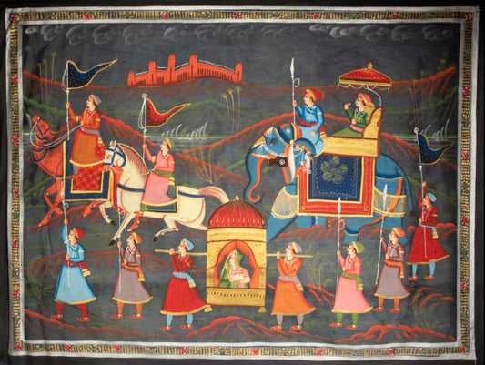 Peinture Rajput Miniature Indienne – Scène de Chasse Royale à Dos d’Éléphant