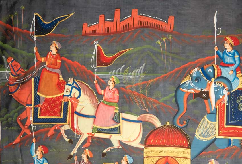 Peinture Rajput Miniature Indienne – Scène de Chasse Royale à Dos d’Éléphant