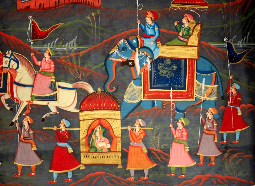 Peinture Rajput Miniature Indienne – Scène de Chasse Royale à Dos d’Éléphant
