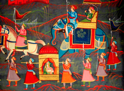 Peinture Rajput Miniature Indienne – Scène de Chasse Royale à Dos d’Éléphant