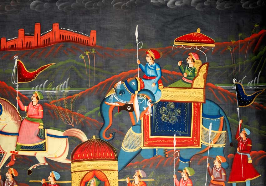 Peinture Rajput Miniature Indienne – Scène de Chasse Royale à Dos d’Éléphant