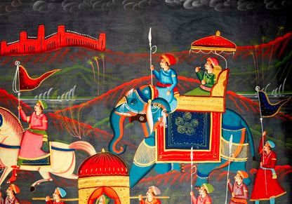 Peinture Rajput Miniature Indienne – Scène de Chasse Royale à Dos d’Éléphant