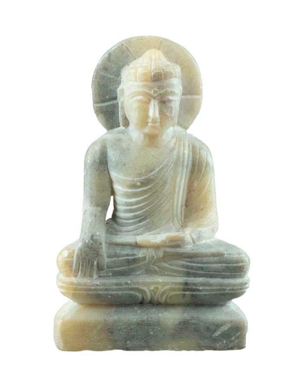 Statuette Bouddha Sakyamuni en pierre sculptée – Sculpture artisanale indienne en stéatite