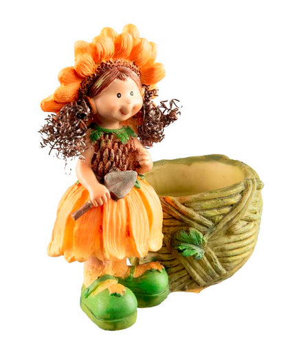 Figurine Lutin Fleur – Elfe Féérique avec Chapeau et Robe Fleurie en Résine