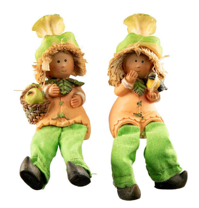 Lot De 2 Figurines Lutins d'Automne – Elfes Pomme Avec Oiseau En Résine