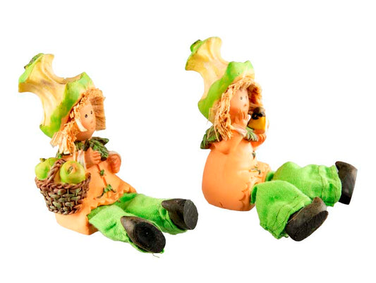 Lot De 2 Figurines Lutins d'Automne – Elfes Pomme Avec Oiseau En Résine