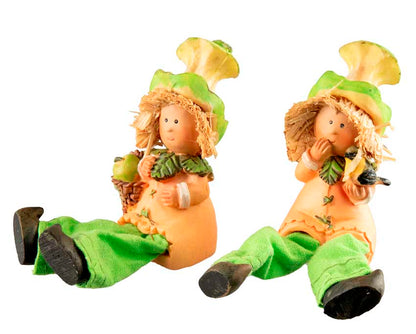 Lot De 2 Figurines Lutins d'Automne – Elfes Pomme Avec Oiseau En Résine