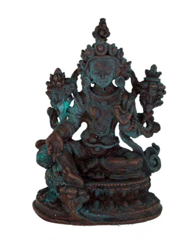 Ancienne Amulette Statuette Tara Verte Tibétaine en Alliage de Cuivre