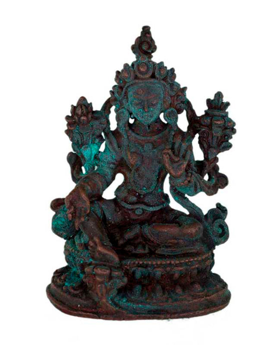 Ancienne Amulette Statuette Tara Verte Tibétaine en Alliage de Cuivre