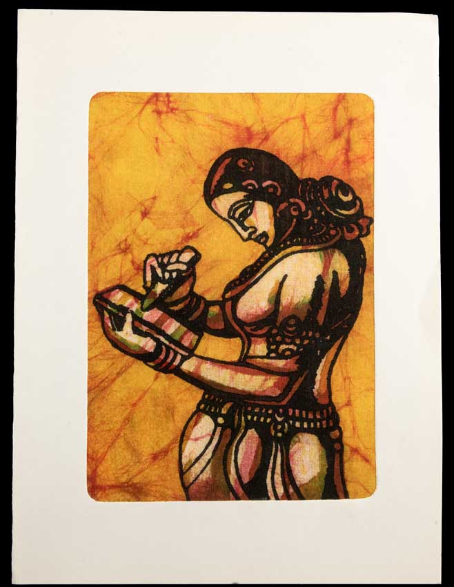Carte Artisanale Batik Femme Indienne Au Bol Chantant – Décoration Murale Jaune En Coton