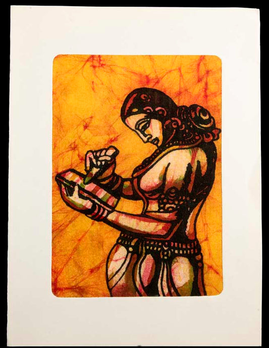Carte Artisanale Batik Femme Indienne Au Bol Chantant – Décoration Murale Jaune En Coton