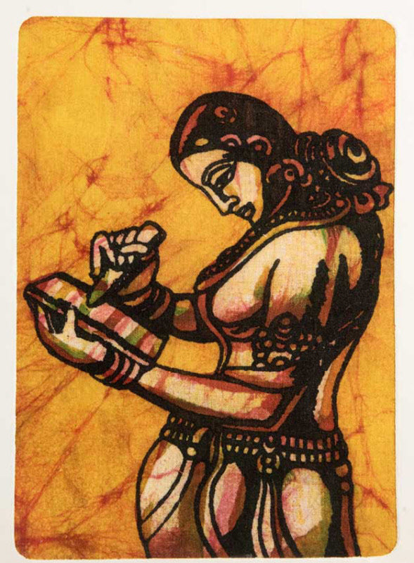 Carte Artisanale Batik Femme Indienne Au Bol Chantant – Décoration Murale Jaune En Coton