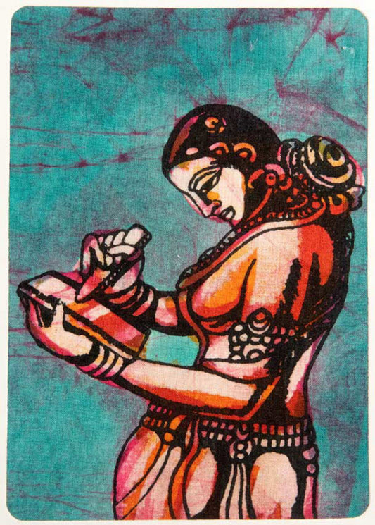 Carte Artisanale Batik Femme Indienne Au Bol Chantant – Décoration Murale En Coton