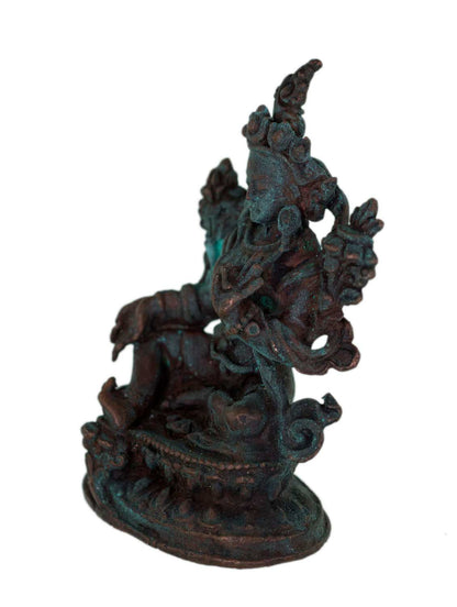 Ancienne Amulette Statuette Tara Verte Tibétaine en Alliage de Cuivre