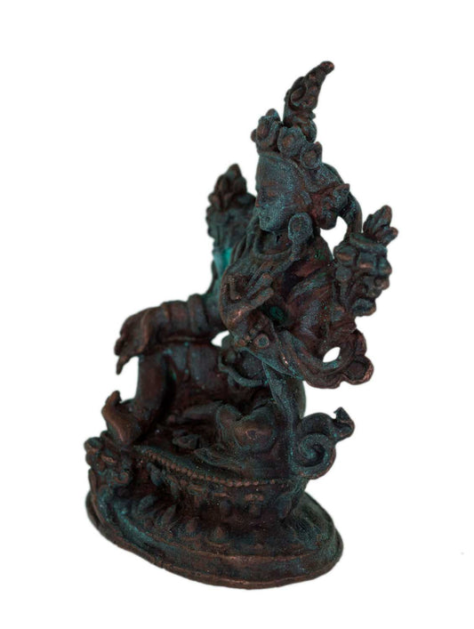 Ancienne Amulette Statuette Tara Verte Tibétaine en Alliage de Cuivre