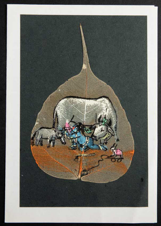 Carte Artisanale Peinture Sur Feuille De Pipal – Bébé Shiva Et Gao Mata