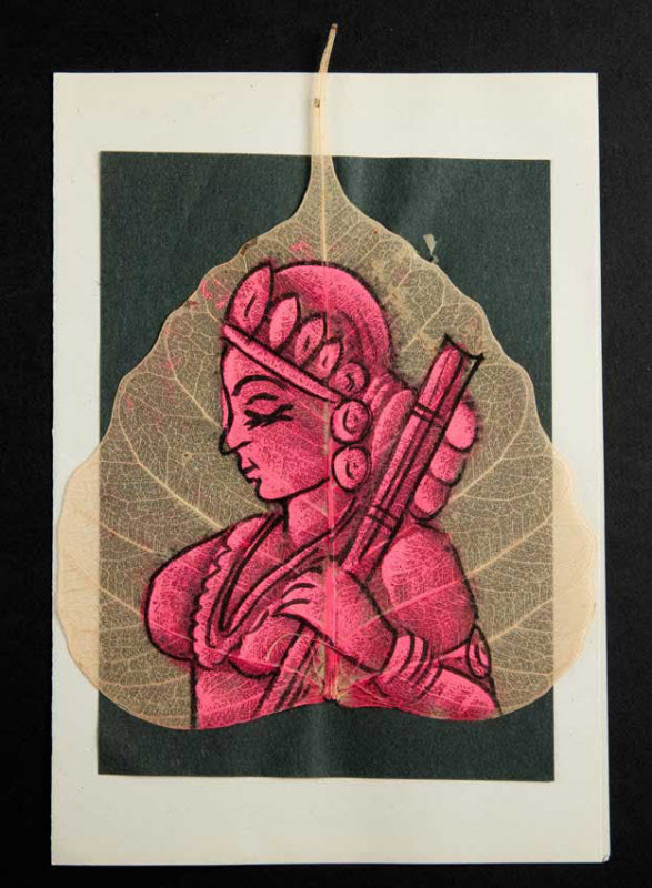 Carte Artisanale Femme Indienne À La Veena – Peinture Sur Feuille De Pipal