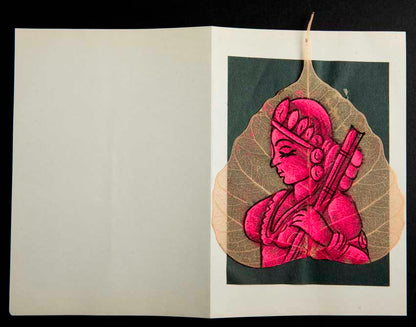 Carte Artisanale Femme Indienne À La Veena – Peinture Sur Feuille De Pipal