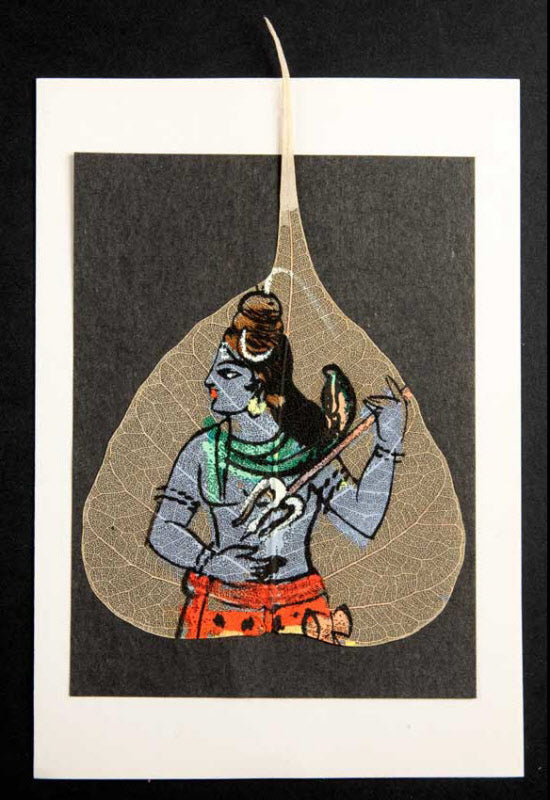 Carte Artisanale Shiva Et Trident – Peinture Sur Feuille De Pipal
