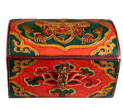 Boîte à bijoux en bois artisanale du Népal – coffret bouddhiste tibétain Chepu et fleur de lotus 15 cm