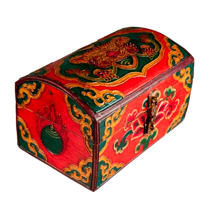 Boîte à bijoux en bois artisanale du Népal – coffret bouddhiste tibétain Chepu et fleur de lotus 15 cm