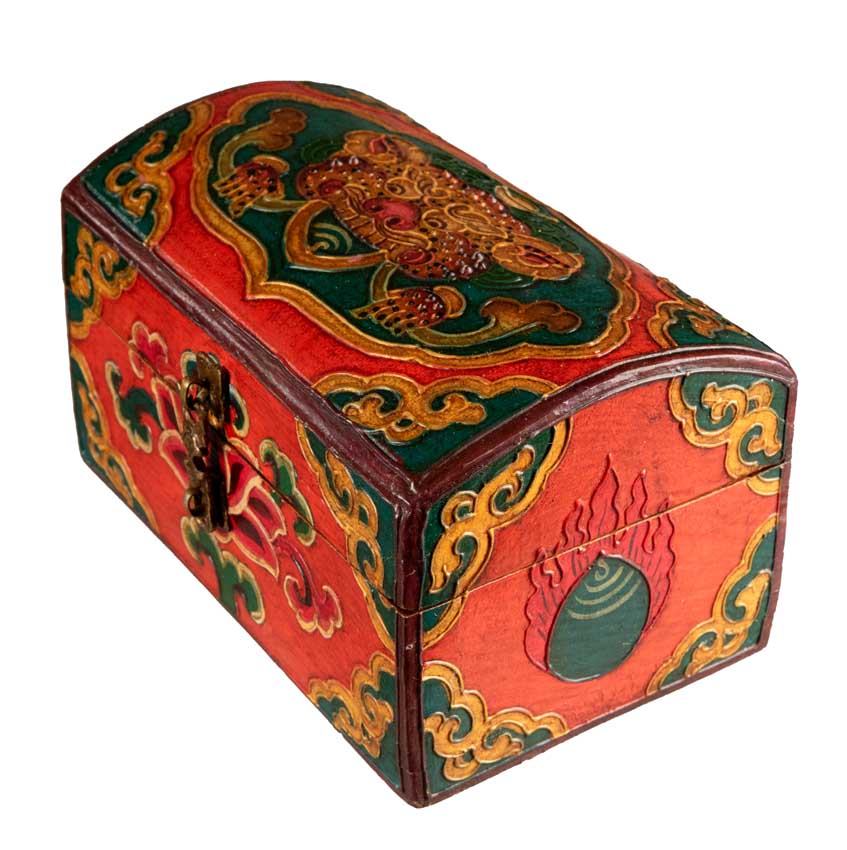 Boîte à bijoux en bois artisanale du Népal – coffret bouddhiste tibétain Chepu et fleur de lotus 15 cm