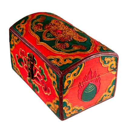 Boîte à bijoux en bois artisanale du Népal – coffret bouddhiste tibétain Chepu et fleur de lotus 15 cm