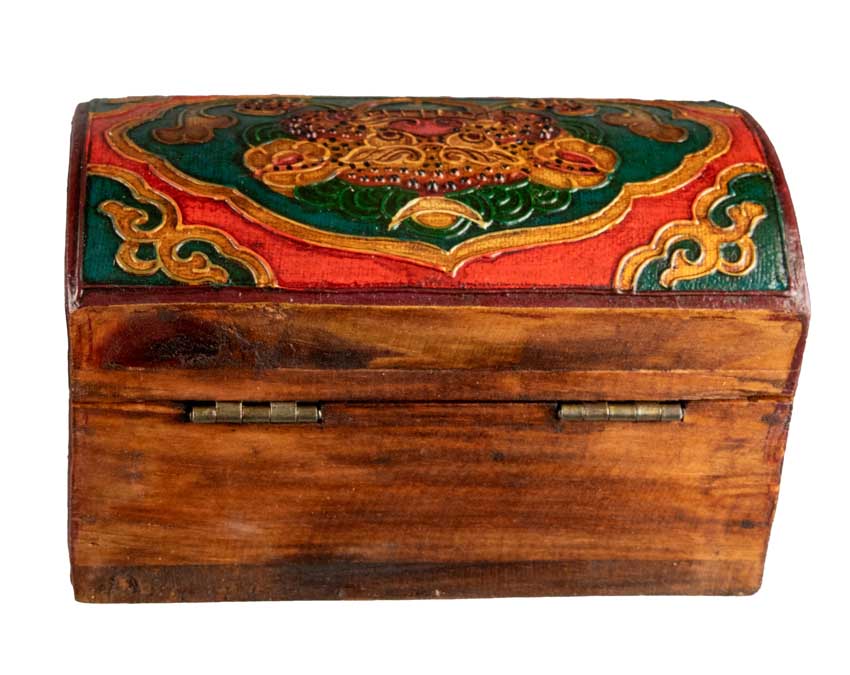 Boîte à bijoux en bois artisanale du Népal – coffret bouddhiste tibétain Chepu et fleur de lotus 15 cm