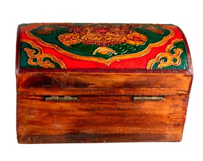 Boîte à bijoux en bois artisanale du Népal – coffret bouddhiste tibétain Chepu et fleur de lotus 15 cm