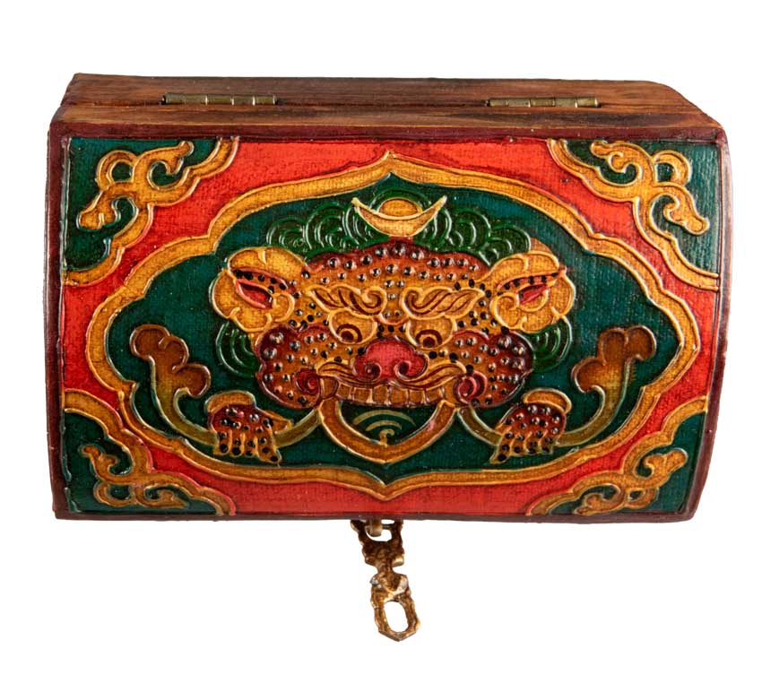 Boîte à bijoux en bois artisanale du Népal – coffret bouddhiste tibétain Chepu et fleur de lotus 15 cm