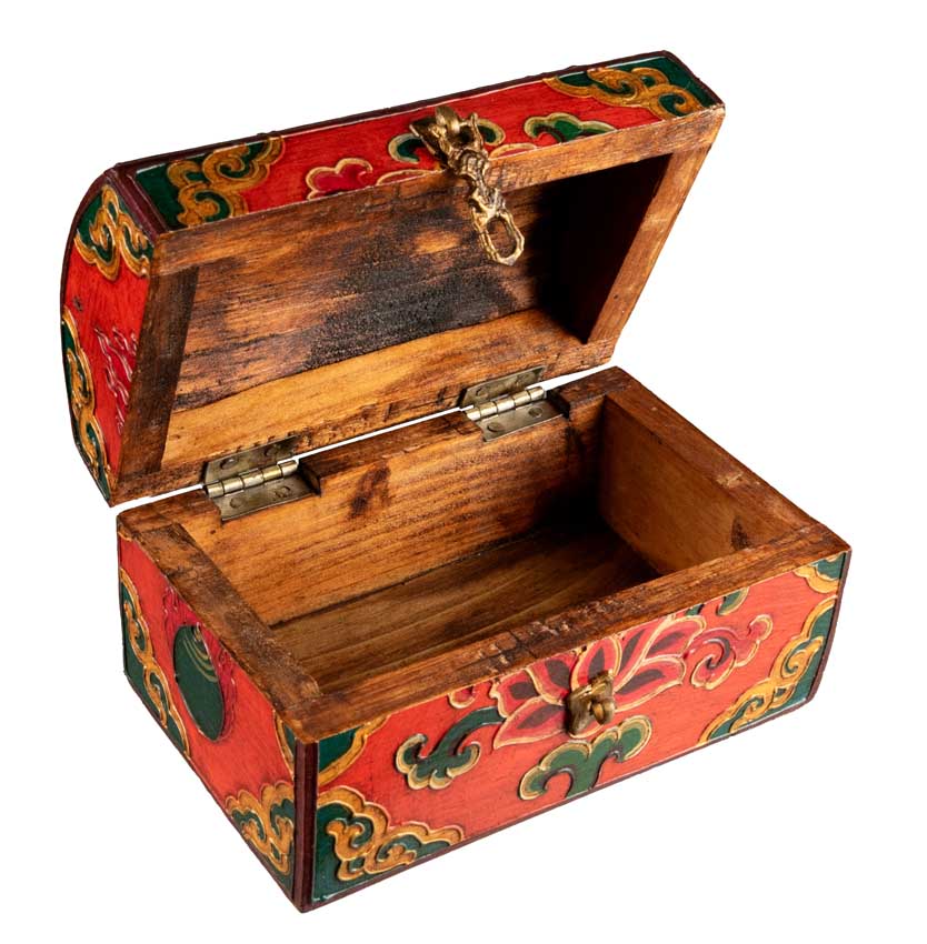 Boîte à bijoux en bois artisanale du Népal – coffret bouddhiste tibétain Chepu et fleur de lotus 15 cm