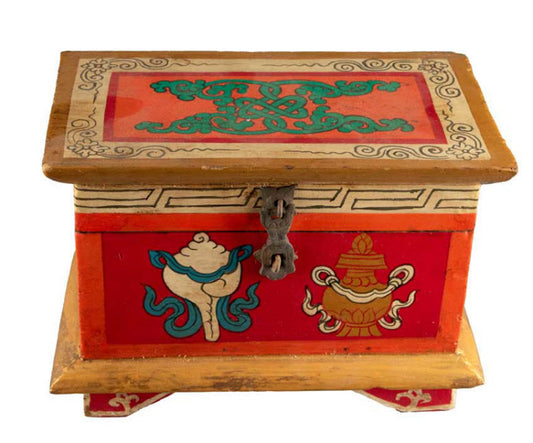 Boîte à bijoux en bois artisanale du Népal – coffret bouddhiste décor Conque, Lotus et Nœud infini