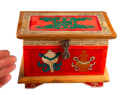 Boîte à bijoux en bois artisanale du Népal – coffret bouddhiste décor Conque, Lotus et Nœud infini