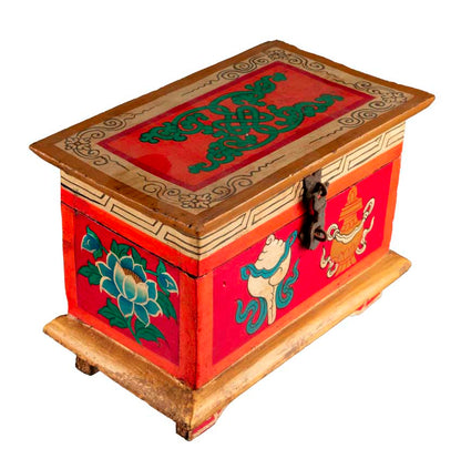 Boîte à bijoux en bois artisanale du Népal – coffret bouddhiste décor Conque, Lotus et Nœud infini