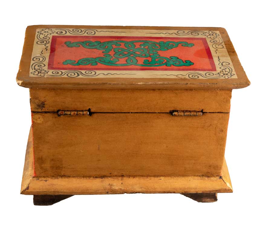 Boîte à bijoux en bois artisanale du Népal – coffret bouddhiste décor Conque, Lotus et Nœud infini