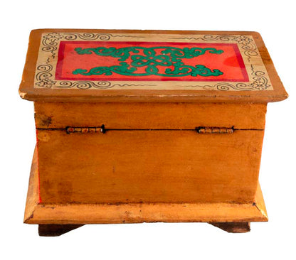 Boîte à bijoux en bois artisanale du Népal – coffret bouddhiste décor Conque, Lotus et Nœud infini