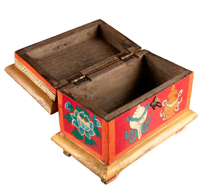 Boîte à bijoux en bois artisanale du Népal – coffret bouddhiste décor Conque, Lotus et Nœud infini
