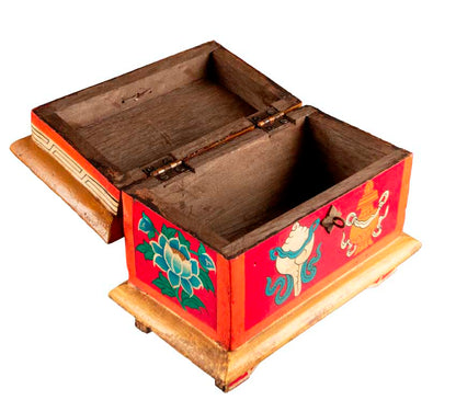 Boîte à bijoux en bois artisanale du Népal – coffret bouddhiste décor Conque, Lotus et Nœud infini