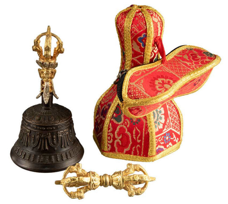 Cloche Bouddhiste Tibétaine avec Dorjé Vajra et Étui – Artisanat Népalais