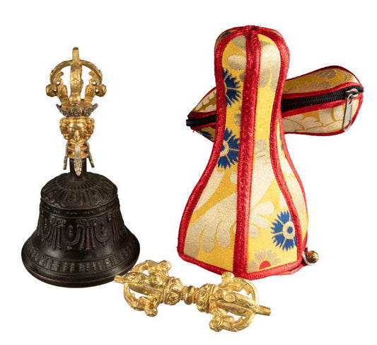 Cloche Bouddhiste Tibétaine avec Dorjé Vajra et Étui – Grande Cloche Artisanale du Népal