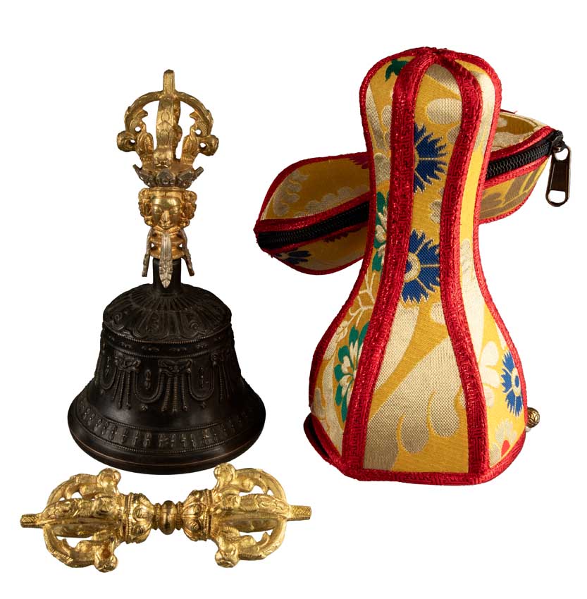 Cloche Bouddhiste Tibétaine avec Dorjé Vajra et Étui – Grande Cloche Artisanale du Népal