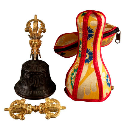 Cloche Bouddhiste Tibétaine avec Dorjé Vajra et Étui – Grande Cloche Artisanale du Népal