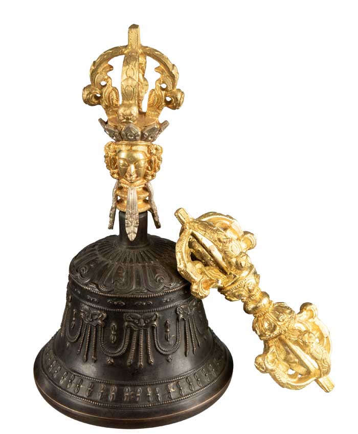 Cloche Bouddhiste Tibétaine avec Dorjé Vajra et Étui – Grande Cloche Artisanale du Népal