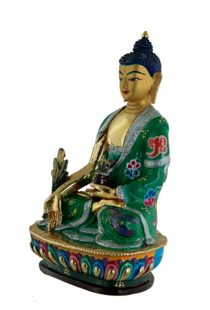 Statue tibétaine du Bouddha de la Médecine en bronze doré à l’or 24 carats – Artisanat sacré du clan Shakya de Patan