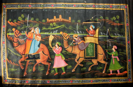 Peinture Moghole Indienne – Chasse Royale du Maharaja à Dos de Chameau