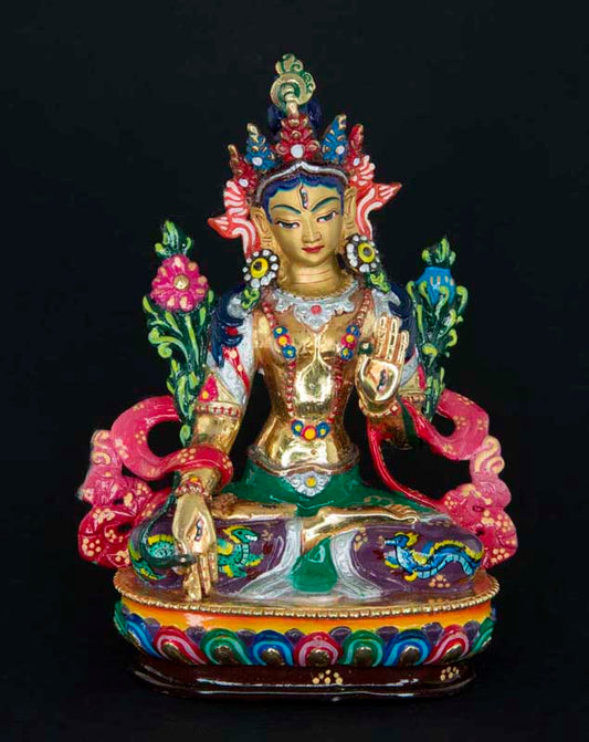 Statue Bouddhiste Tara Blanche En Cuivre Doré Multicolore – Artisanat De Patan Au Népal