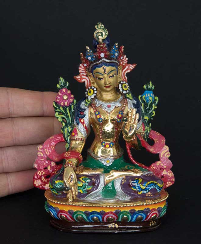 Statue Bouddhiste Tara Blanche En Cuivre Doré Multicolore – Artisanat De Patan Au Népal