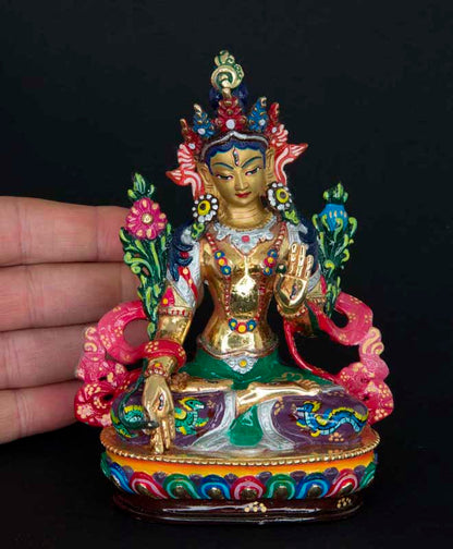 Statue Bouddhiste Tara Blanche En Cuivre Doré Multicolore – Artisanat De Patan Au Népal