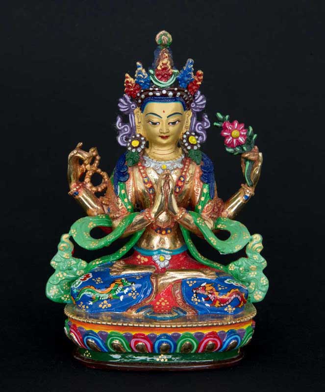 Statue tibétaine de Chenrezig en bronze doré – Bodhisattva de la compassion, artisanat sacré de Patan